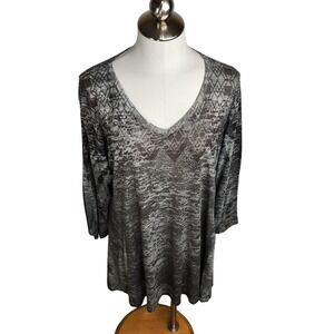 Katina Marie Womens 2X Tunic Top Boho Artsy Geo Print V-Neck Gray Knit USA